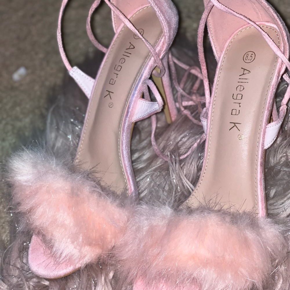 Allegra K Women's Faux Fur Stiletto Heel Lace Up Heels Sandals.